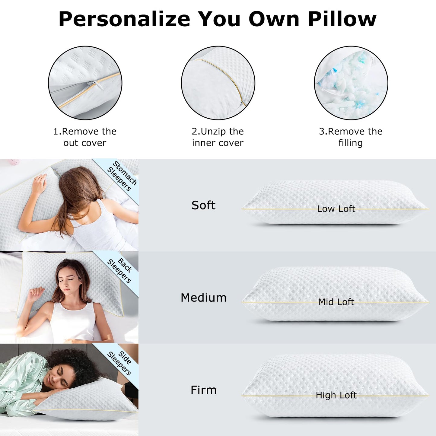Sofslee Side Sleeper Pillows Queen Size Set of 2 for Neck and Shoulder Pain, Adjustable Memory Foam Bed Pillows 2 Pack for Sleeping, Medium Firm Curved Queen Pillows, Supportive Queen Size Pillow