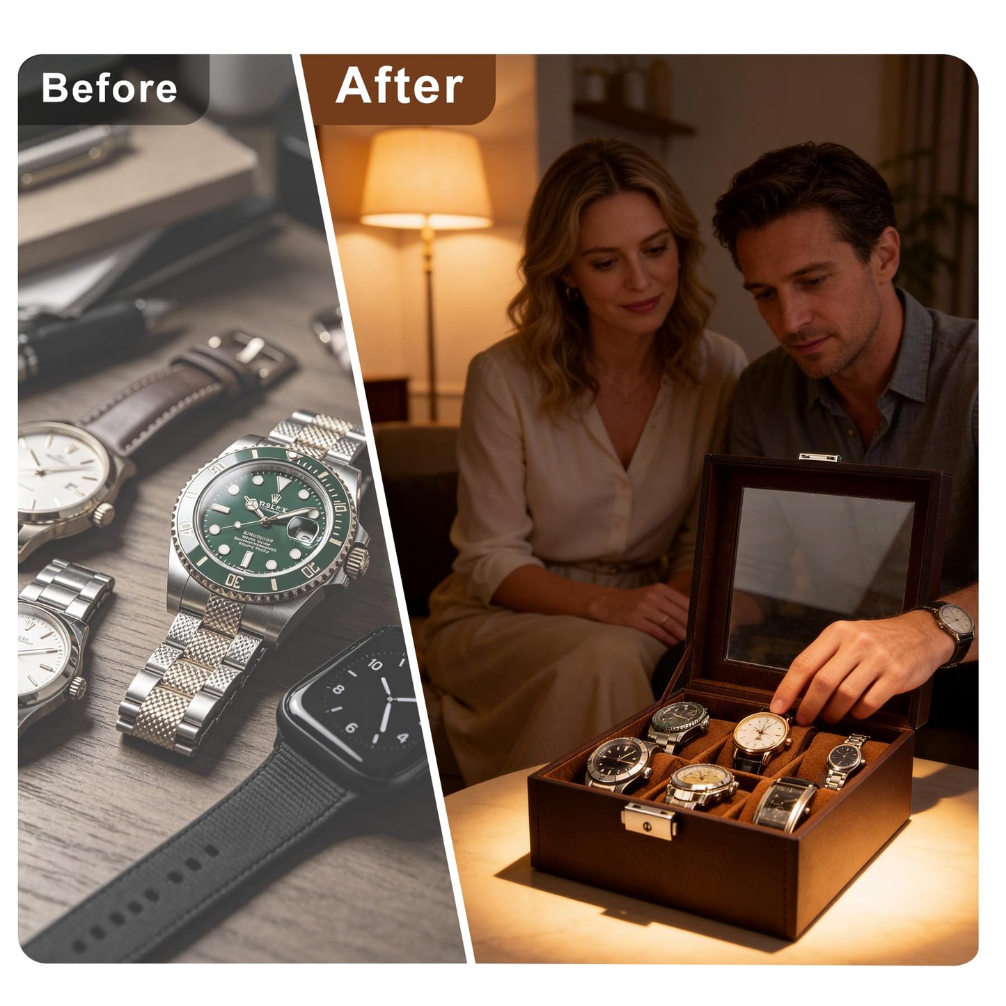 Hit design Watch Box Watch Cases for Men,6 Slot Brown Watch Case Organizer Storage Box,Leather Display Holder for Watches,Mens Watch Box for Collection,Anniversary Birthday Gift for Men Women