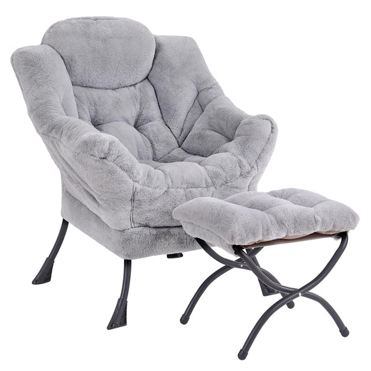 SESHINELL Lazy Chair with Ottoman, Modern Accent Lounge Leisure Sofa with Armrests, Reading Chair and Folding Footstool for Living Room, Bedroom, Office, Plush Grey