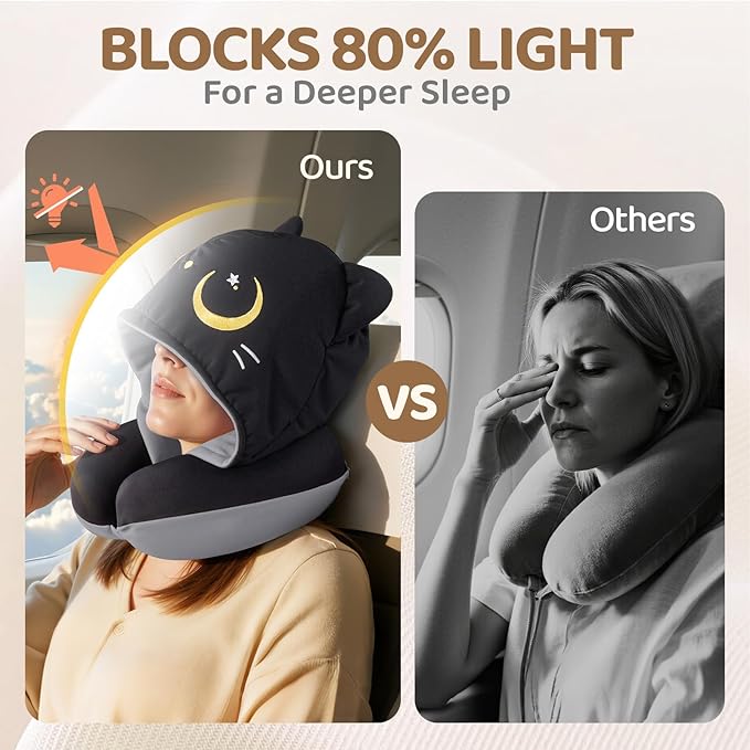 Mewaii Travel Neck Pillow with Hood for Airplanes,Memory Foam,Breathable Ice Silk & Soft Velvet,Double-Sided,Removable to Clean,Adjustable Strap,Portable Travel Pillow for Long Flights Adults & Teens