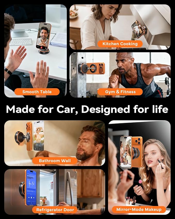 Car Phone Holder for Magsafe Car Mount [108+LBS Strongest Suction & 3000gf Magnetic] Vacuum Magnetic Phone Holders for Your Car 360° Adjustable Carbon Fiber Car Phone Mount for iPhone & Android Orange