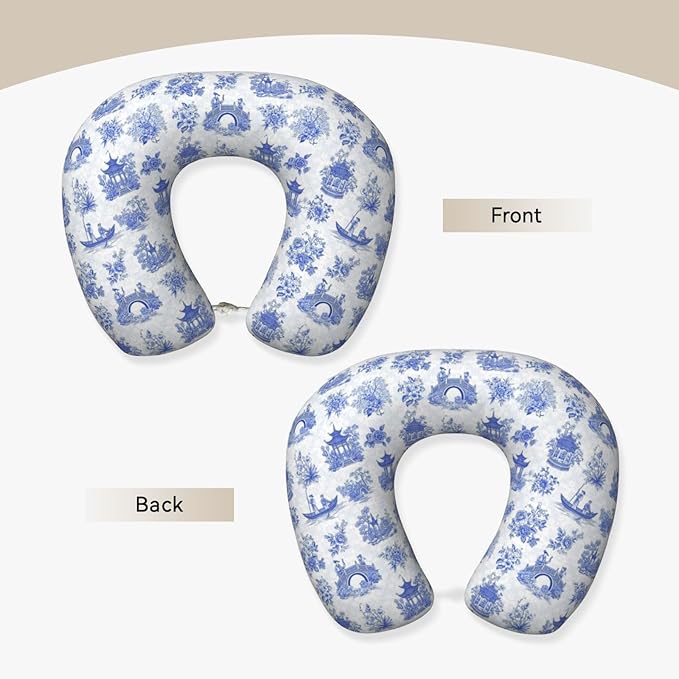 Travel Neck Pillows for Sleeping Rest Car Airplanes Chinese Style Powder Blue Chinoiserie Toile, Memory Foam with Removable Breathable Zipper Cover Washable for Men Women