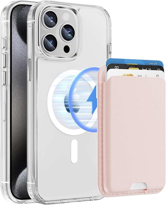 Ntwinro Magnetic for iPhone 15 Pro Max Clear Case (Compatible with MagSafe) with Pink Detachable Wallet & Card Holder for 3 Cards [RFID Blocking] Military Grade Protective Slim Phone Cover