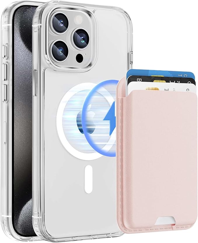 Ntwinro Magnetic for iPhone 12 & iPhone 12 Pro Clear Case (Compatible with MagSafe) with Pink Detachable Wallet & Card Holder for 3 Cards [RFID Blocking] Military Grade Protective Slim Phone Cover