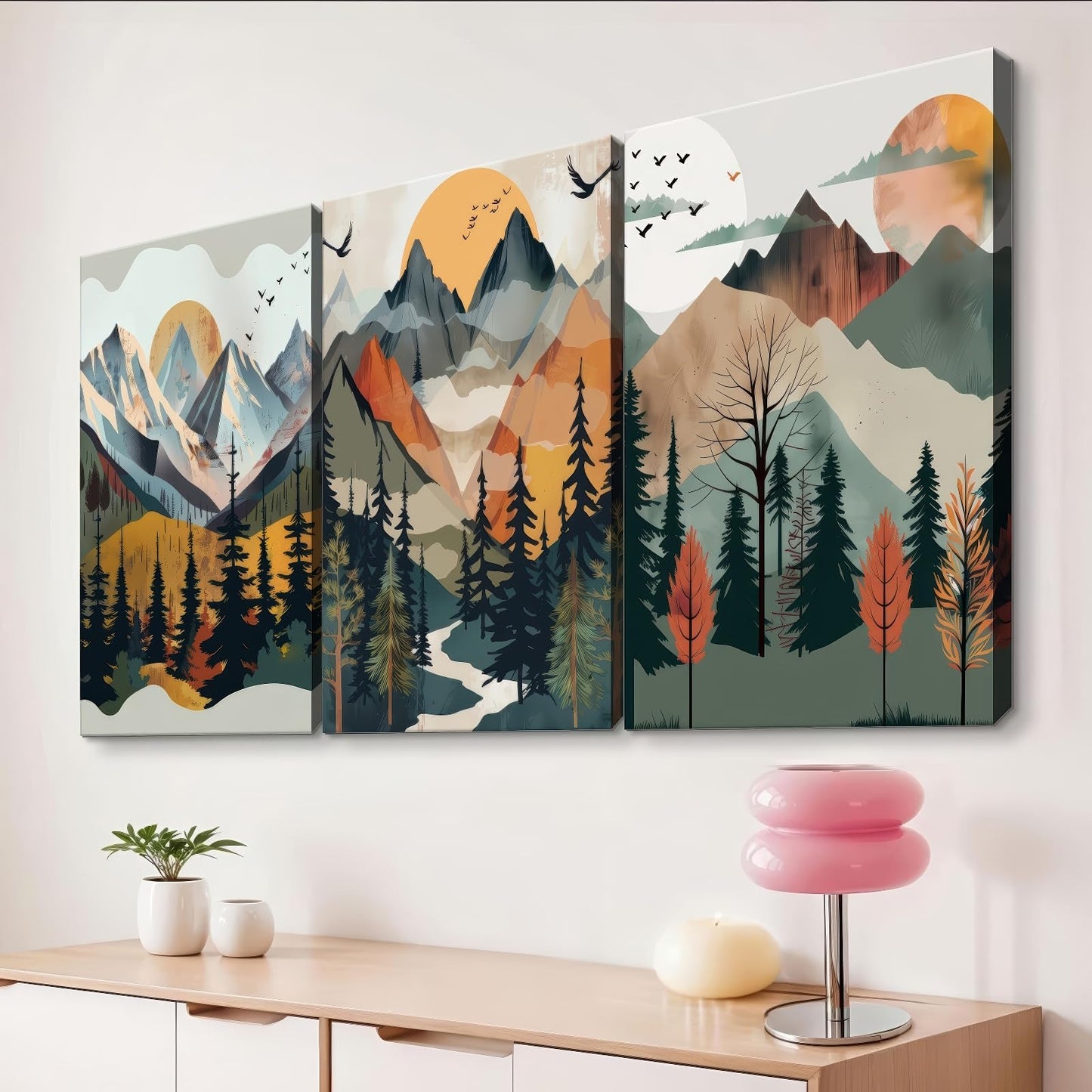 Framed Boho Landscape Wall Art Set of- 3 Canvas Print, Abstract Nature Pictures, Forest and Sunset,Posters Modern Minimalist Paintings for Living Room, Bedroom Office Ready to Hang12x16Inch