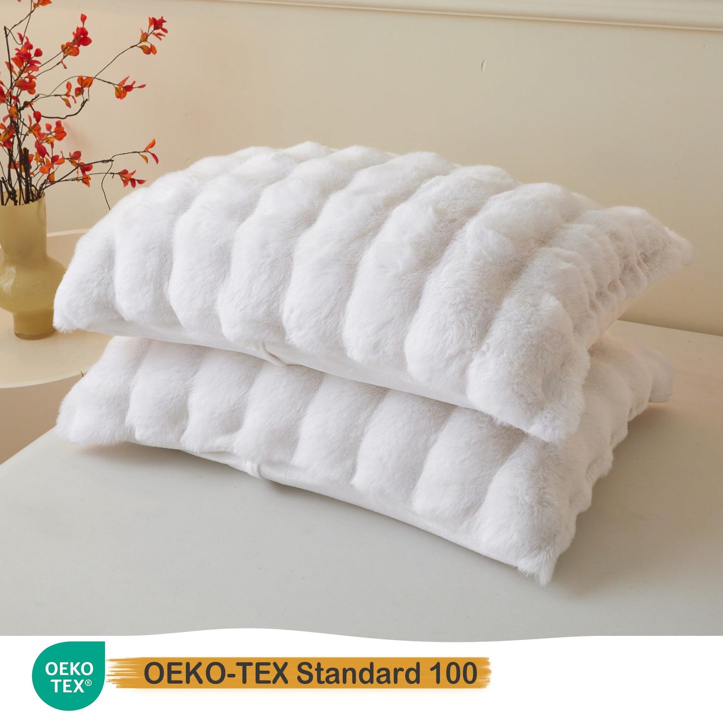 LIFEREVO 2 Pack Fluffy Faux Rabbit Fur Pillow Cases, Luxury Soft Plush Shaggy Bubble Pillowcases Standard Size with Zipper Closure, Furry Fuzzy Long Pillow Shams for Bedroom Living Room 20x26, White