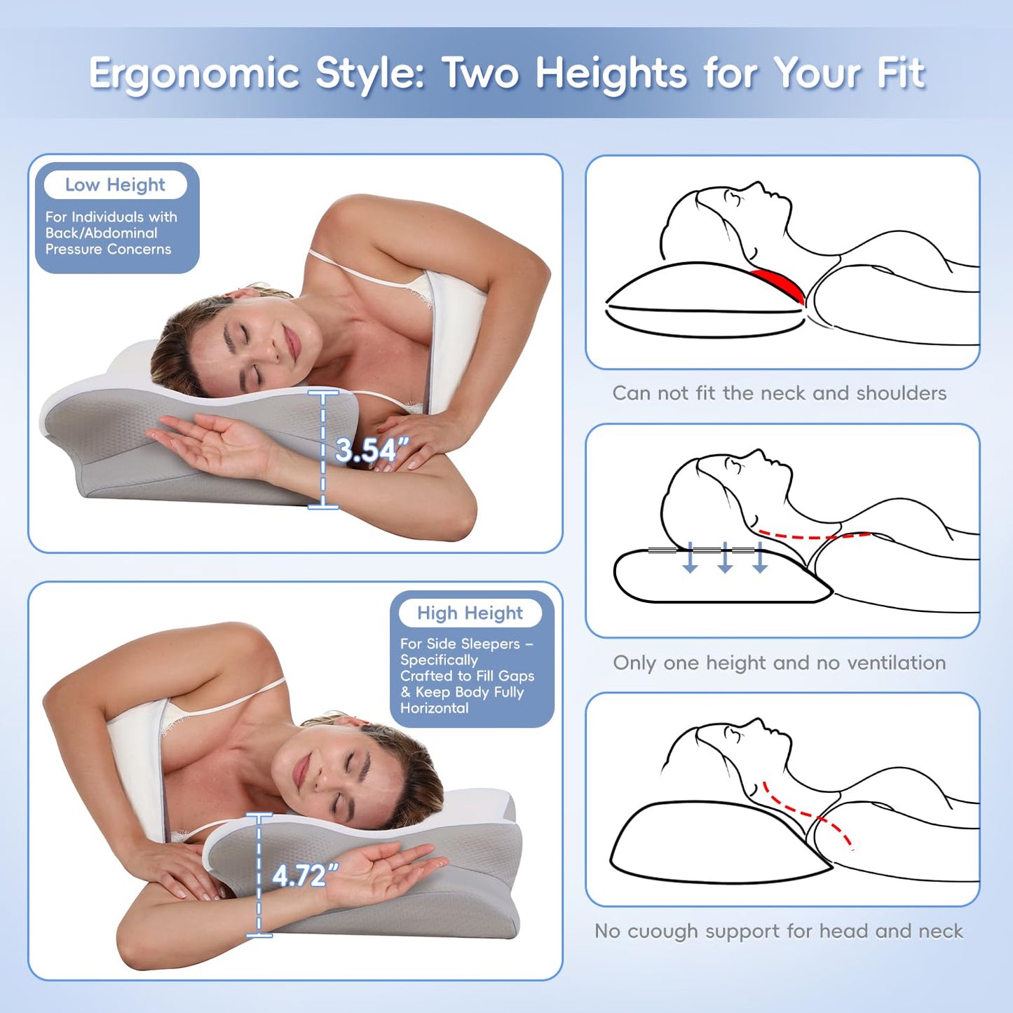 Missleep Cervical Neck Pillow, Memory Foam Pillows for Neck and Shoulder Pain Relief, 2 Heights Ergonomic Pillow with Breathable Ice Silk Cover, Neck Support Pillow for Side Sleepers White