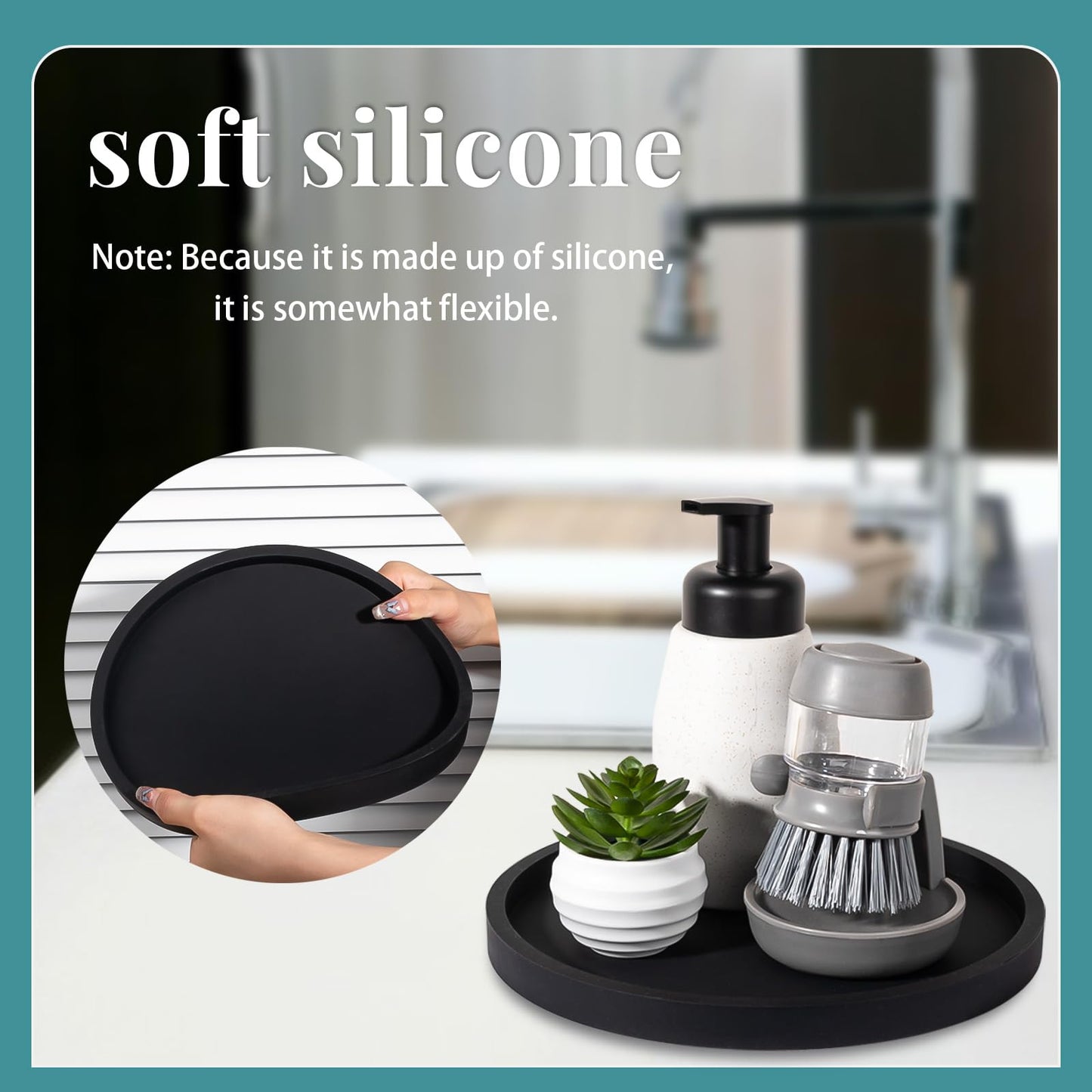 Silicone Bathroom Tray Coffee Table Decor Perfume Organizer, 9" Black