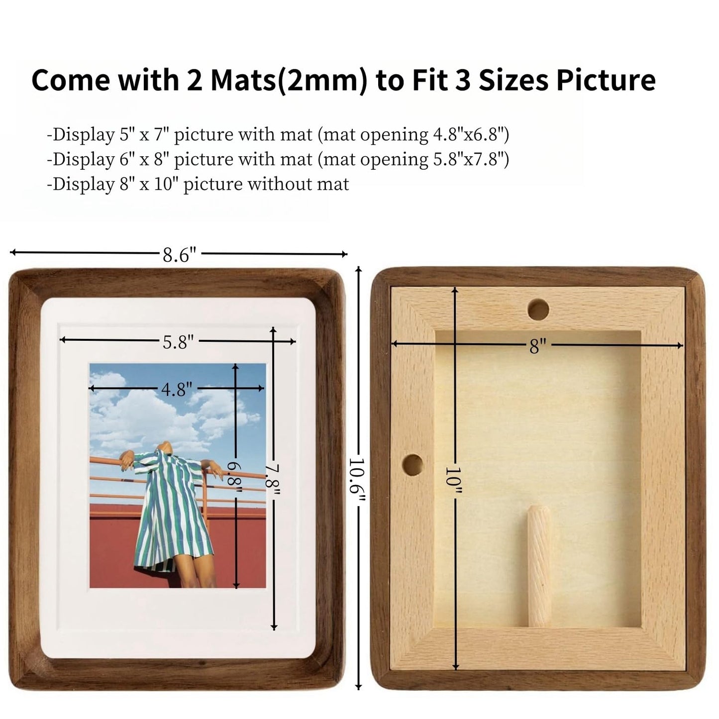 FLECHAZO Natural Walnut 8x10 Picture Frame with Mat for 5x7/6x8 Photos