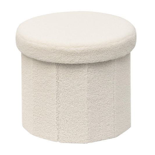 PINPLUS Round Storage Ottoman Cube Footrest - Versatile Boucle & Faux Teddy Fur with Hidden Compartment for Living Room, Dorm, Bedroom White, 15"x15"x13.2"