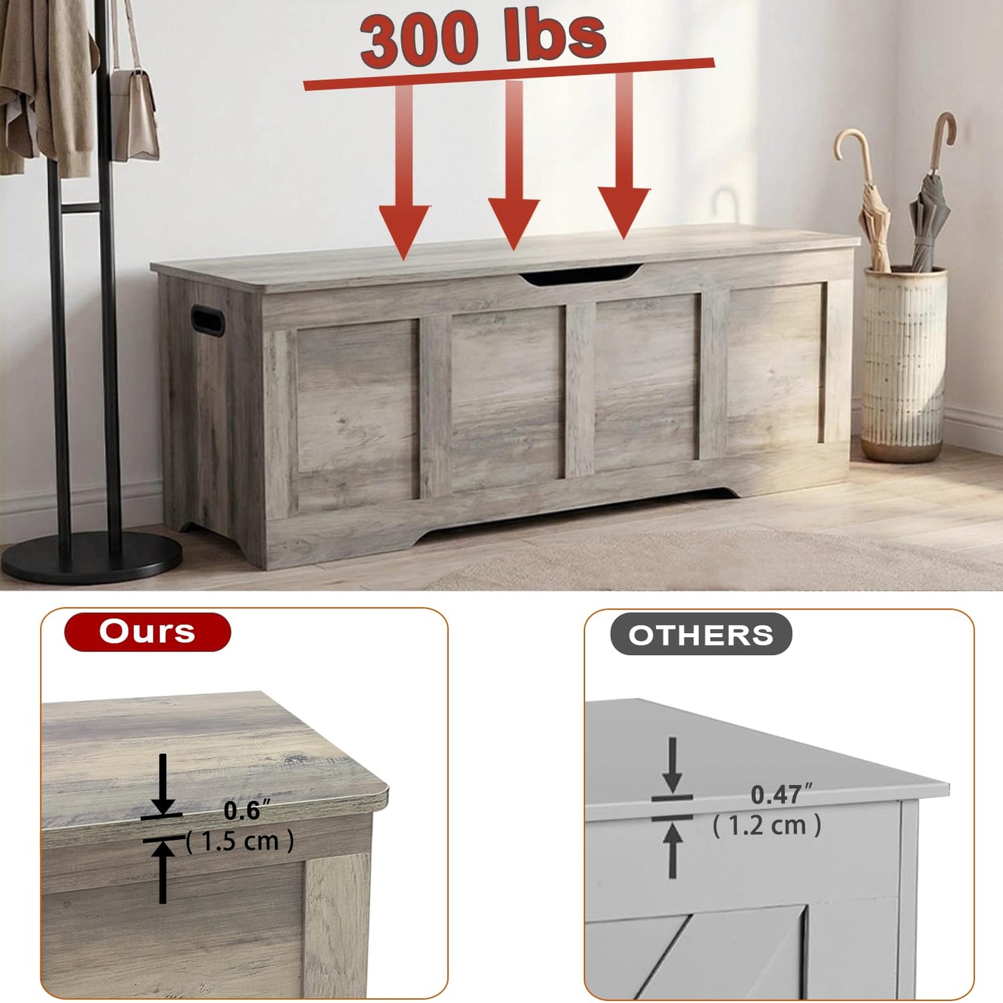 Timberer 47.2" Storage Chest, Extra Large Storage Trunk with 2 Safety Hinges, Wooden Storage Bench, Shoe Bench, Entryway Bench for Living Room, Bedroom, Grey