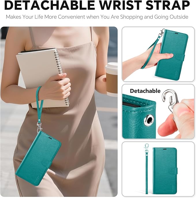 TUCCH Detachable Case Wallet for iPhone 17 (6.3") 2025, Wrist Strap | 4 Card Slots RFID Blocking | Wireless Charging | Stand | 2-in-1 Magnetic | PU Leather | Shockproof Folio Cover | Cyan