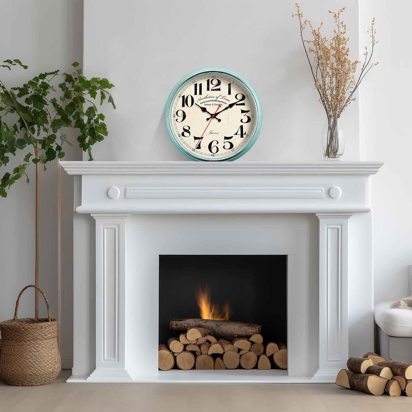 HYJOOY Countryside Wall Clock Metal 12.4" Vintage Retro Wall Clocks Silent Non Ticking Easy to Read for Living Room, Kitchen, Bedroom, Office, Bar(12.4" Turquoise)