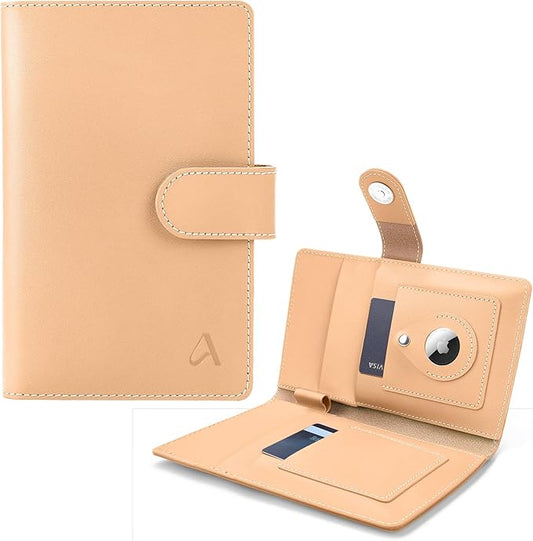 ALLIVE RFID Blocking Passport Wallet with AirTag Slot, Genuine Leather Passport Holder for Family Travel of 4, Travel Essentials & Gift, Airport Must-Have (Beige)