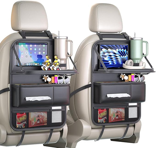 Donpeshe 2pcs Leather Foldable Backseat Organizer with Tray for Cars - Portable Kids Car Tray Table, Travel Food Desk & Waterproof Storage