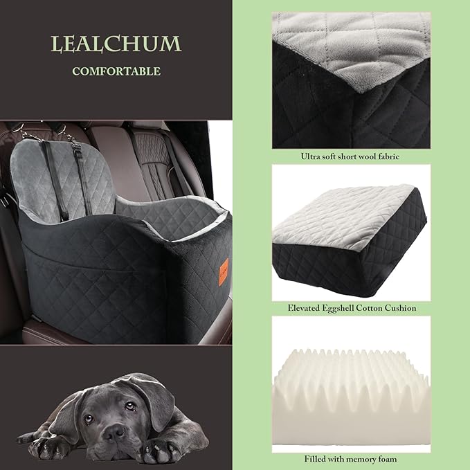 Lealchum Dog Booster Car Seat for Small/Medium Dogs,6in Elevated Cushion,Fully Detachable and Washable,2 Storage Pockets & 3 Straps,Fits in Front/Back Seat,Easy to Install (Green,Medium)