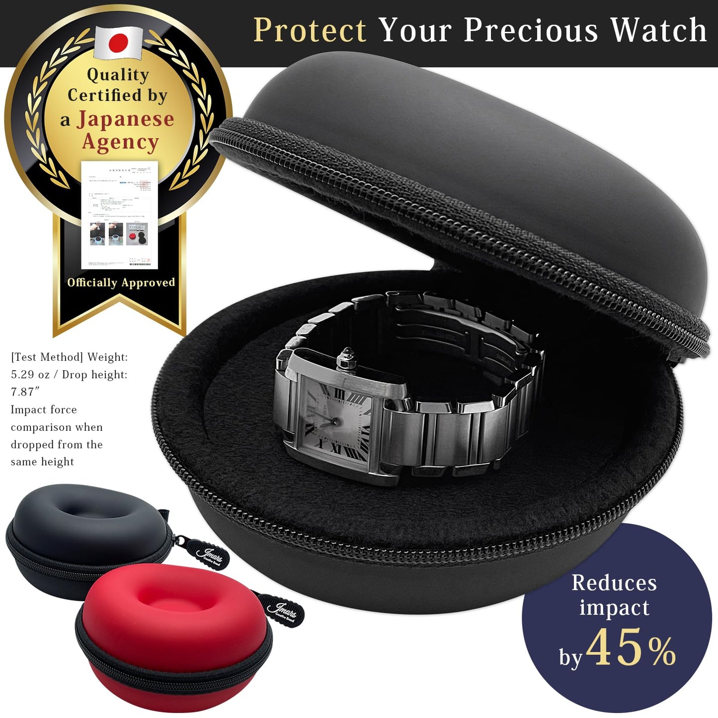 JMARS Watch Travel Case, Shock-Tested Single Watch Case for Wristwatches & Smart Watches, Leather Black