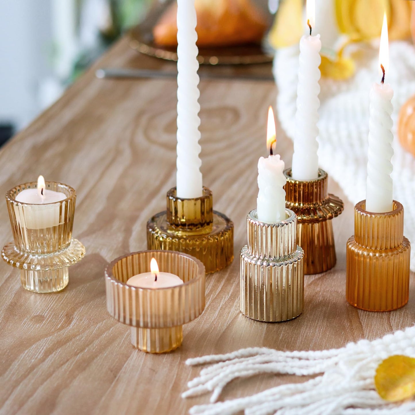 SYFURNIX Gold Candlestick Holders 6PCS for Tealight Candle Stick Candles, Ribbed Glass Taper Candle Holders Set Table Centerpieces for Thanksgiving Christmas Farmhouse Decor Indoor and Outdoor