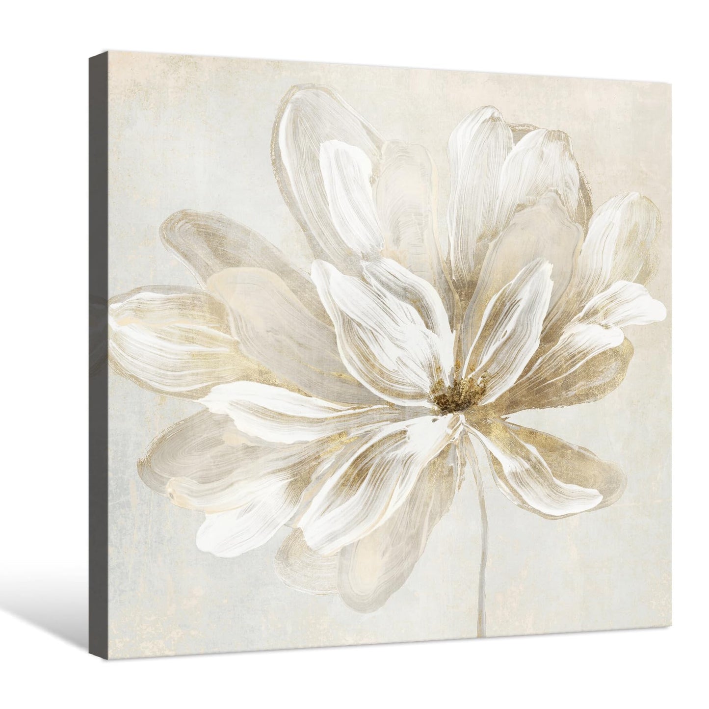 SEVEN WALL ARTS White Flower Wall Art Beige and Gold Blooming Flower Abstract Floral Artwork Print Poster for Living Room Bedroom Bathroom Home Office Wall Decor 24"x24"