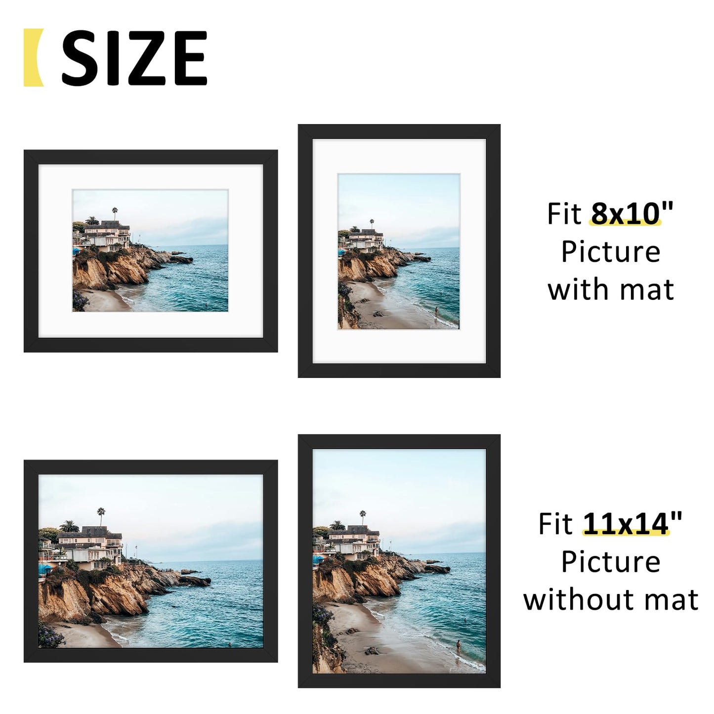 Frametory, 11x14 Frames Display 8x10 Picture with Mat or 11x14 Photo Without Mat, Shatter-Resistant Glass, Pre-Installed Wall Mounting Hardware - Black