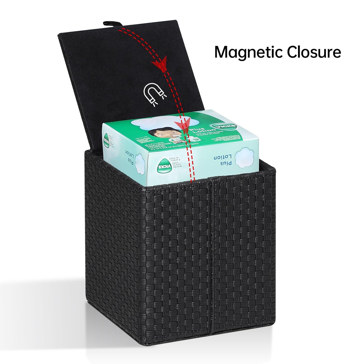 Square Tissue Box Cover, Stylish Leather Tissue Box Holder with Magnetic Bottom, Used As A Decorative Tissue Holder for Living Rooms, Bedrooms, and Desks(Black Woven Pattern)