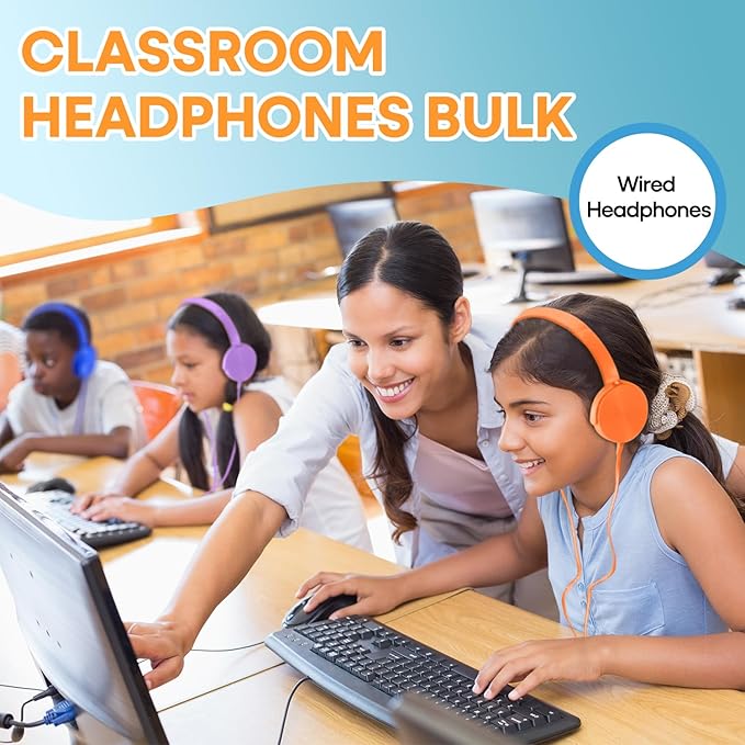 Bulk Headphones 12 Pack for School Classroom Kids K-12, Wholesale Wired Durable Computer Earphones Class Set for Students Children Toddler Teens Boys Girls and Adult (HY450, 12 Mixed)