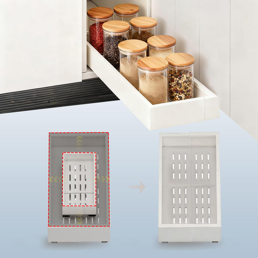 Pull out Cabinet Organizer,Width (7"-11") and Depth (17"-24") Expandable,No Drill Adjustable Slide out Drawers for Kitchen,Pantry,Adhesive Roll out Shelves,for Cabinets Without Lip,White