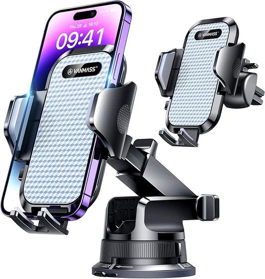 [Pro Version] VANMASS Universal Car Phone Mount [Super Suction Cup] Dashboard Phone Holder, Handsfree Windshield Dash Vent Phone Holder Car, Compatible for iPhone 17 16 15 14 Samsung LG & Truck,Silver