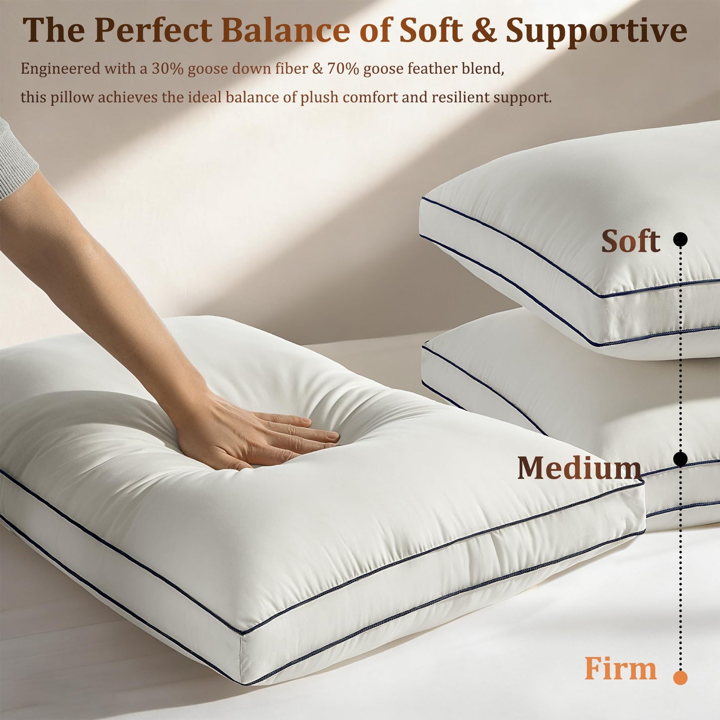Gehtmnl Feather and Down Fiber Firm Bed Pillows Set of 2, 3-Chamber Design with 2” Gusset, Organic Cotton Cover, Hotel Quality Support for Side and Back Sleeper (2,King(20"x36"))