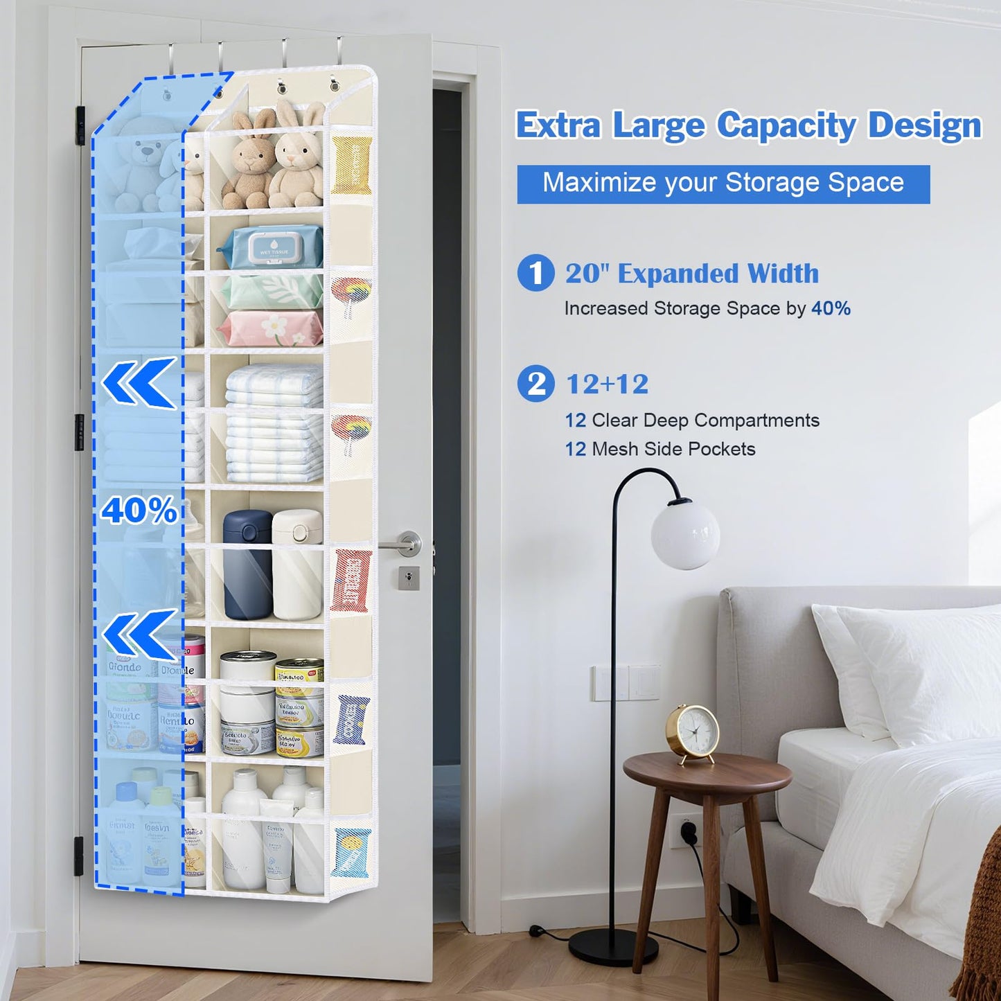 Univivi Over the Door Organizer, 6 Tiers Behind Door Storage with Clear Deep Pockets Hanging Organizer for Closet, Bedroom, Nursery, Bathroom and Sundries (Beige)