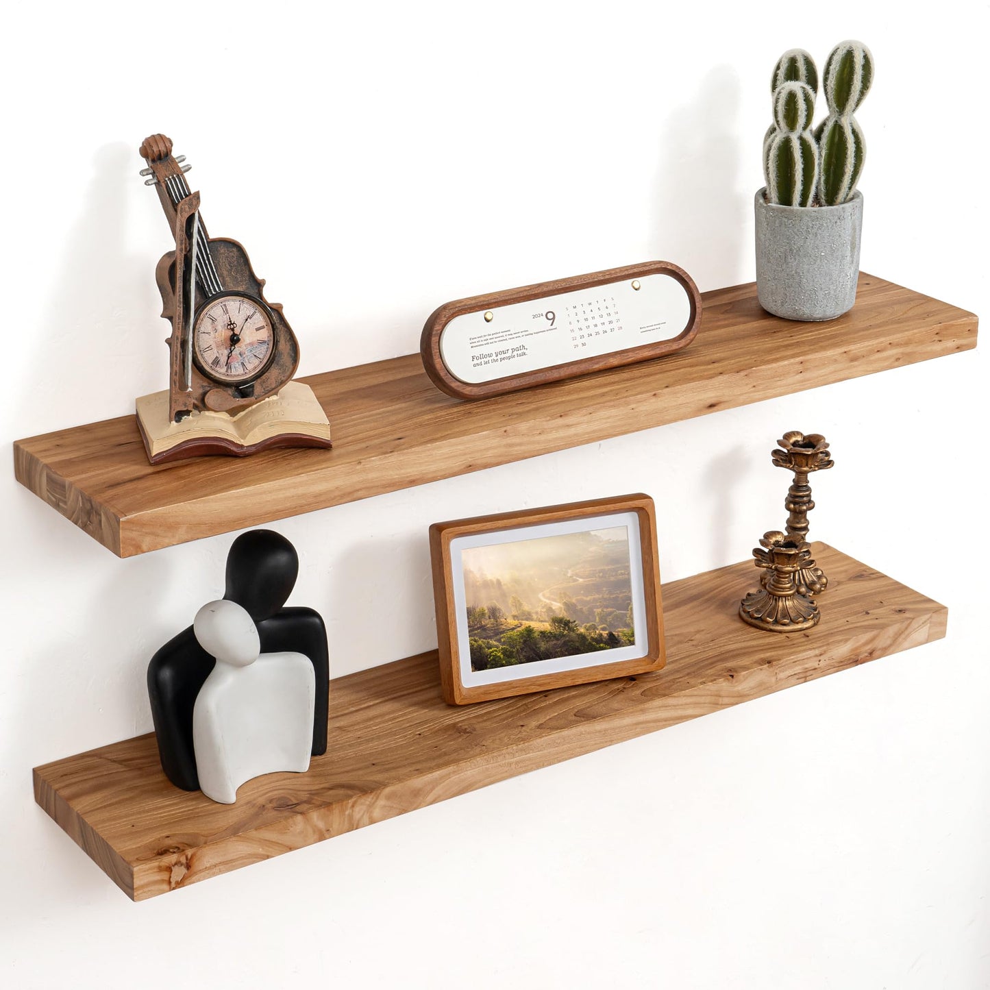 Floating Shelves for Wall Decor, 8" Deep Rustic Solid Elm Wood Floating Shelves Wall Mounted, Wall Shelves with Invisible Bracket for Living Room Bathroom Bedroom Kitchen, 36 Inch Set of 2, Natural