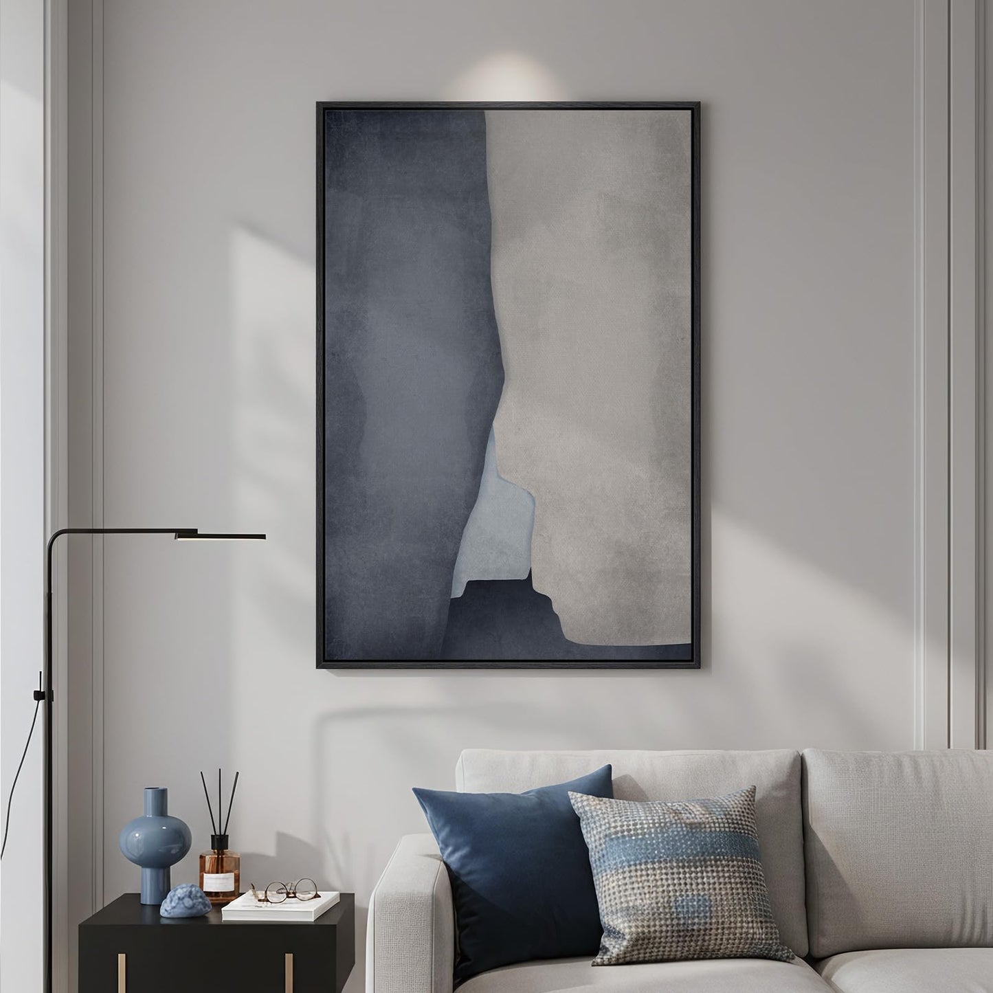 Framed Blue Abstract Wall Art, 1 Piece Large Modern Canvas Prints Paintings Artwork for Walls, Minimalist Blue Gray Cool Tones Pictures for Living Room Bedroom Dining Room Hallway Wall Decor 24x36 In
