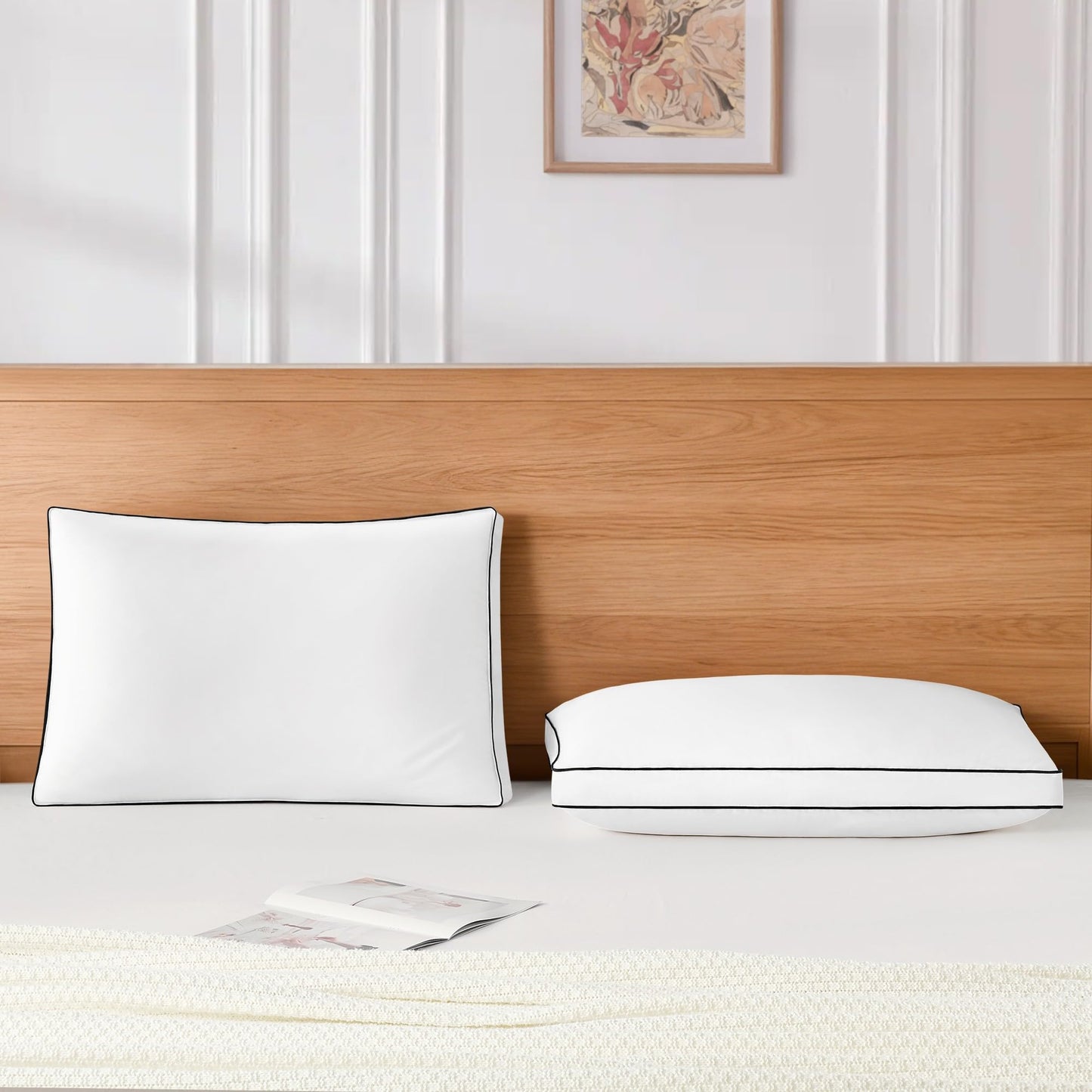 DOWNSTORIA Goose Feather Down Queen Bed Pillows 2 Pack, Luxury Hotel Collection Pillows Set of 2 with Gusset, Down Surrounded Pillow for Side and Back Sleepers, Gusseted Fluffy Pillows 20x30 in.