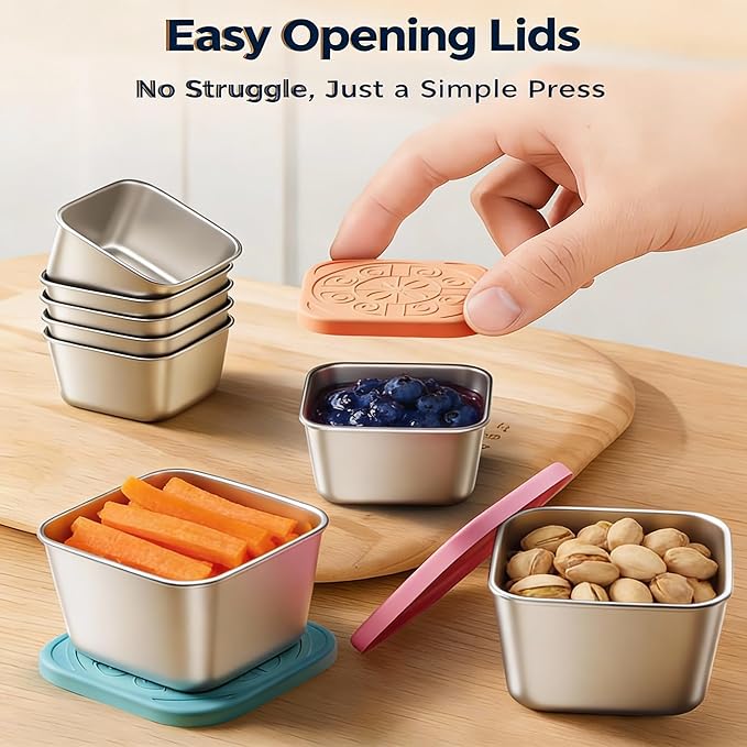 Dobyusf 12-Piece Stainless Steel Snack Container Set - Airtight Silicone Lid with Printed Design Sauce Containers, Multi-Use Food Storage for Salads, Dips, Snacks, Microwave & Dishwasher Safe