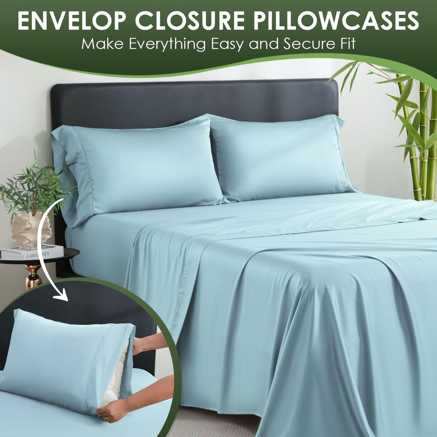 Bamboo Sheets Queen Sheets Set,100% Organic Viscose Derived from Bamboo Bed Sheet Set,Luxuriously Soft & Cooling,4 Pcs Bedding Set with Deep Pockets, Wrinkle Free,Double Stitched Seams( Sky Blue )