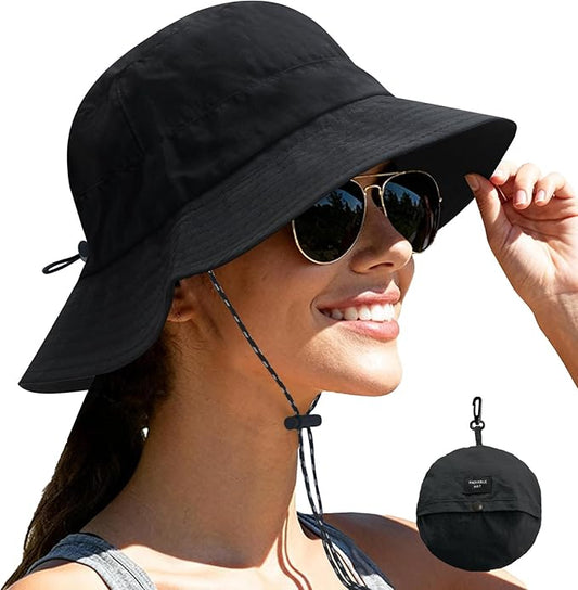 NPJY Packable Quick Dry Sun Bucket Hats for Women Lightweight Outdoor Waterproof Rain Hat with Detachable Chin Strap