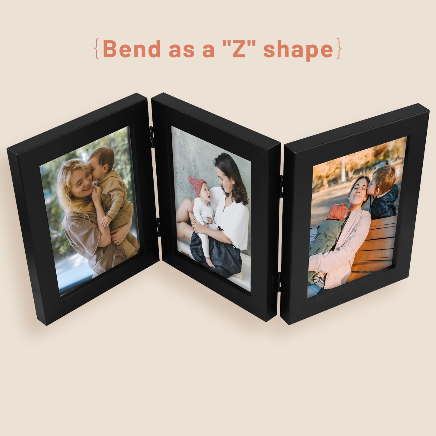 Golden State Art, 5x7 Triple Picture Frame Vertical, Engineered Wood Trifold Photo Frame, with Real Glass for Desktop - Three Folding Picture Collage (5x7, Black, 1 Pack)
