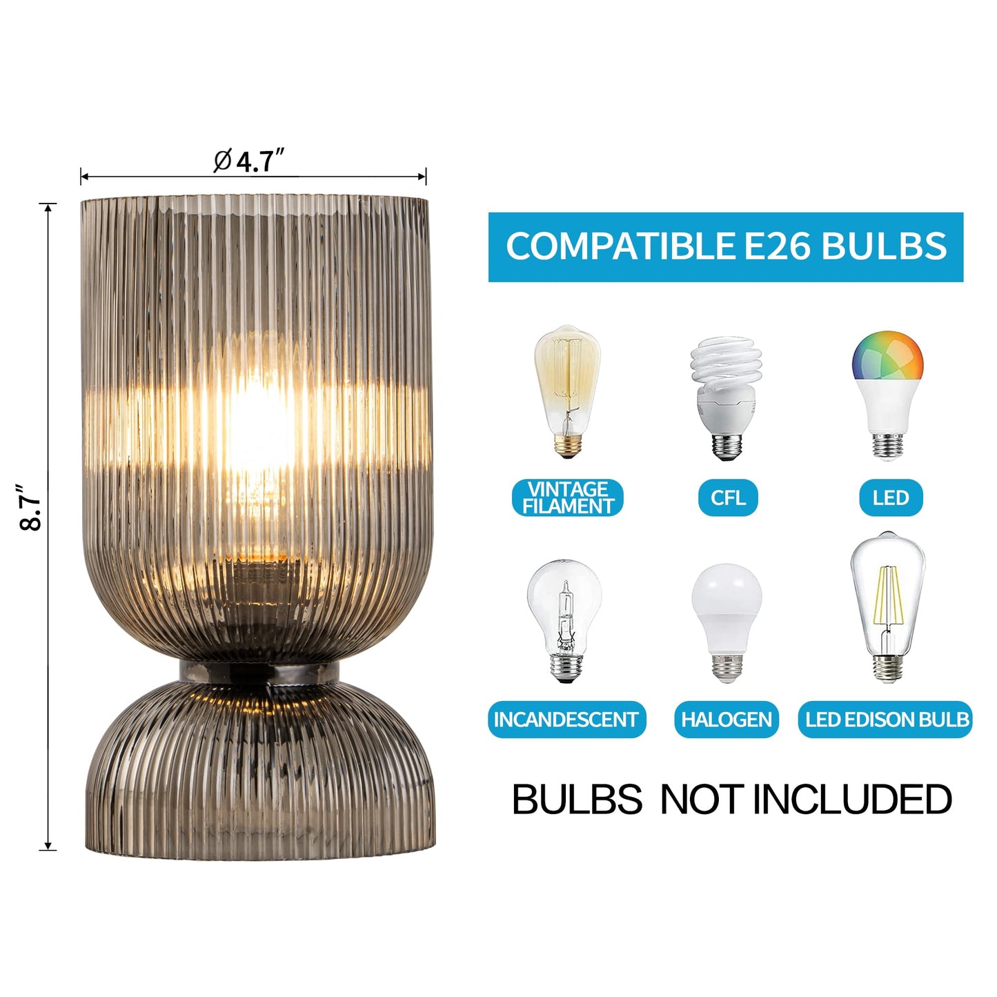 Gmrhndy Modern Table Lamp,Glass Mid Century Lamp with Smoky Gray Glass Shade, Bedside Lamp with On/Off Switch, Minimalist Nightstand Lamp for Bedroom, Living Room, Office (Bulb not Included)