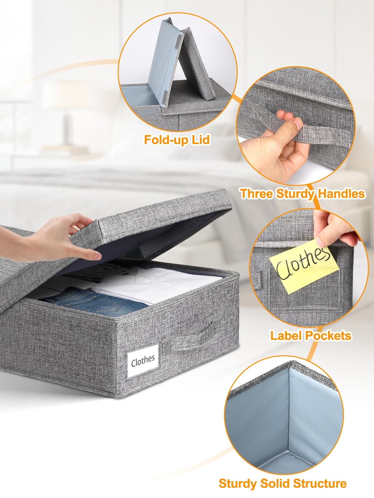punemi Under Bed Storage With Lids, 2 Pack Large Underbed Storage Containers Clothes W/ 3 Handles, Foldable Low Profile Stackable Drawer Organizer Bins Box for Blanket Shoe Bedroom, 31.1*15.7*6inch