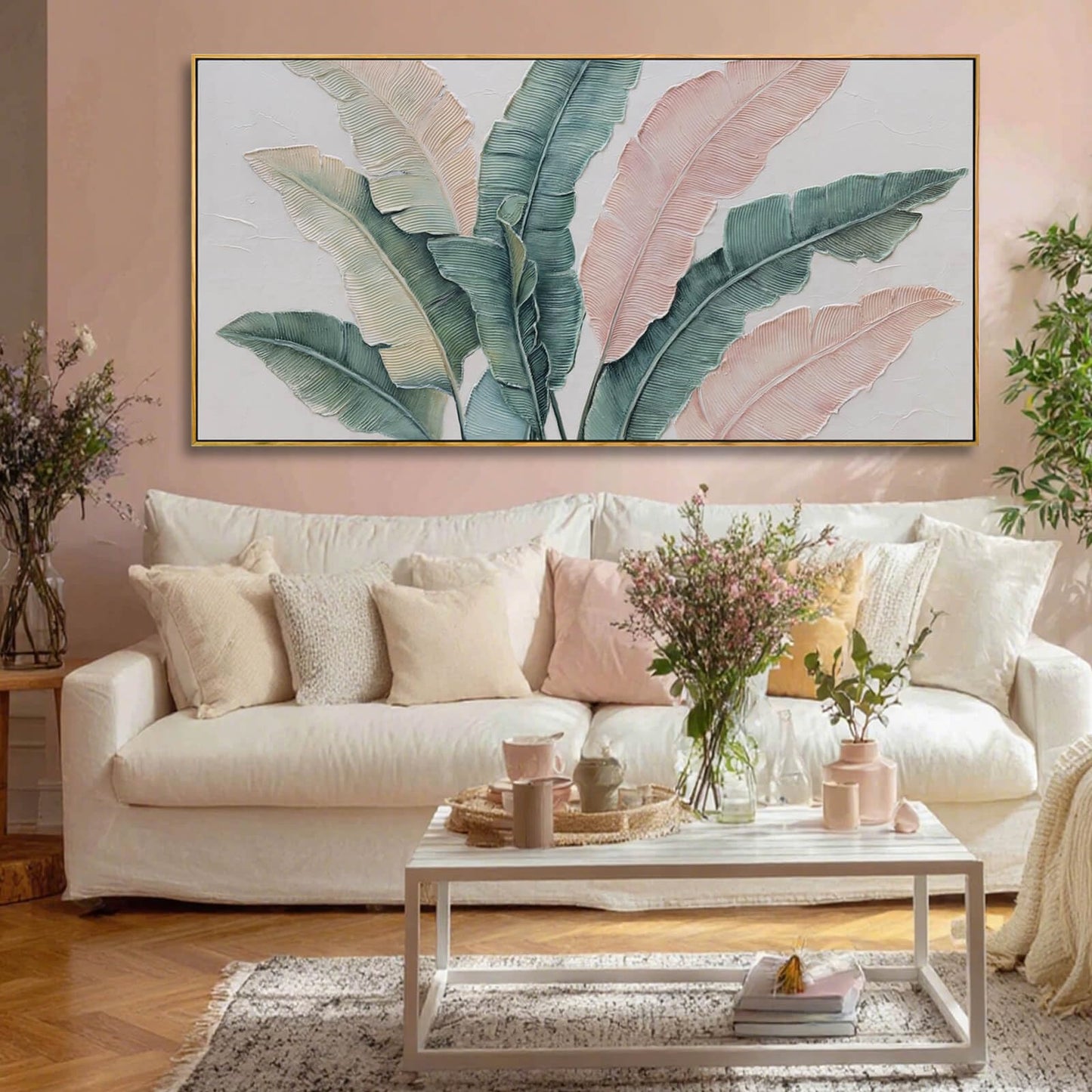 Tropical Green and Pink Leaf Wall Art 24x48 Inch, Large Framed Canvas Prints with Wooden Frame, Botanical Home Decoration for Bedroom Living Room or Office
