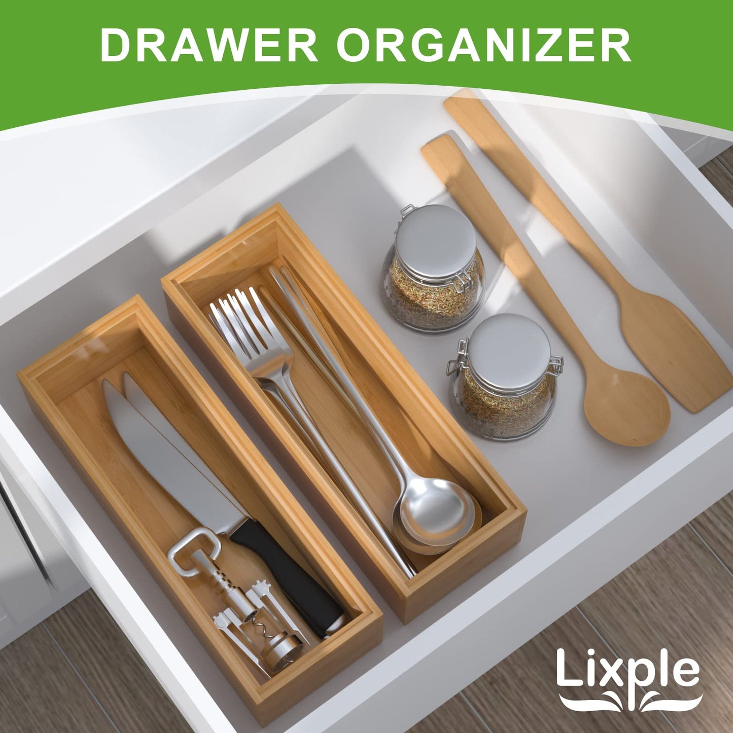 Lixple Bamboo Drawer Organizer – Set of 2 Stackable Storage Boxes, Silverware Tray & Small Gadget Holder for Kitchen Drawers, 9" x 3" x 2" (Outer), 8.3" x 2.3" x 1.77" (Inner)