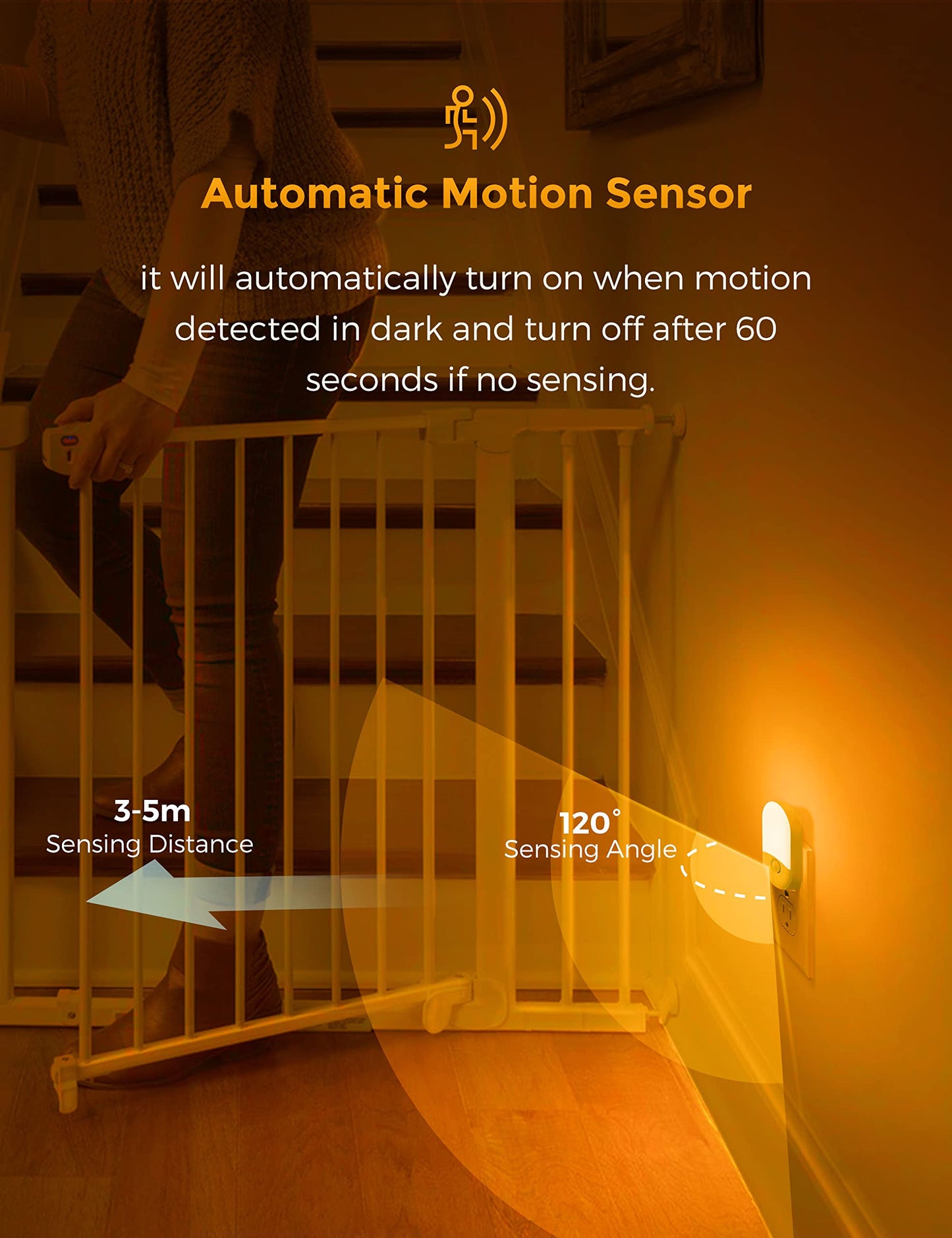 L LOHAS LED Amber Night Light, 2 Pack, Night Lights Plug into Wall Motion Sensor, 0.6W 2000K, LED Nightlights, 30/60LM Adjustable Brightness, Automatic Low Blue Nightlight for Kids, Bathroom, Hallway