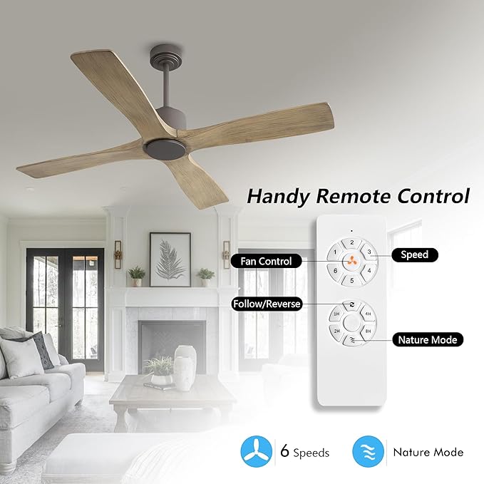 WINGBO 54 Inch DC Ceiling Fan without Lights, 4 Carved Solid Wood Blades, 6-Speed Noiseless Reversible DC Motor, Modern Ceiling Fan No Light with Remote, Graphite Finish with Gray Blades, ETL Listed
