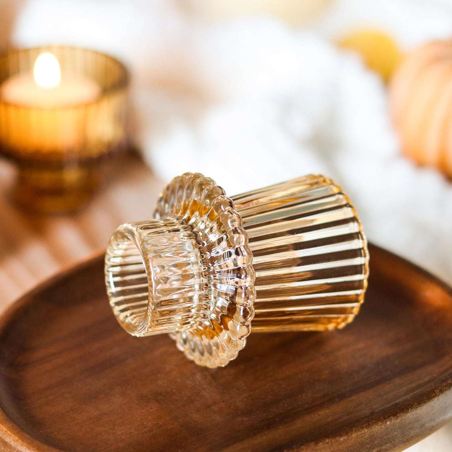 SYFURNIX Gold Candlestick Holders 6PCS for Tealight Candle Stick Candles, Ribbed Glass Taper Candle Holders Set Table Centerpieces for Thanksgiving Christmas Farmhouse Decor Indoor and Outdoor
