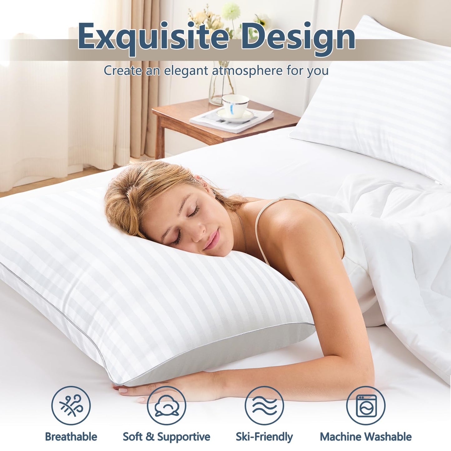 CozyLux Pillows Queen Size Set of 4, Oeko-TEX Certified Down Alternative Striped Bed Pillows for Sleeping, Hotel Style Soft Supportive Pillows for Side, Back and Stomach Sleepers, 18x28 Inches