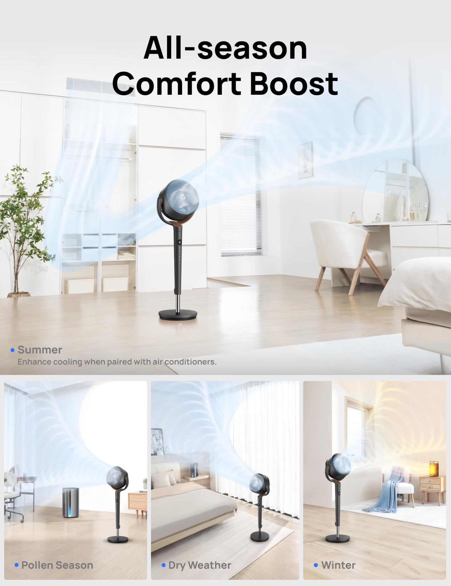 DREO Fan for Bedroom, 120° Oscillating Standing Fans, Quiet Floor Fan with DC Motor, 100ft Pedestal Fans for Room, 9 Speeds, 4 modes, 20dB, 120° Manual Vertical, 37-42" Adjustable Height, 8H Timer