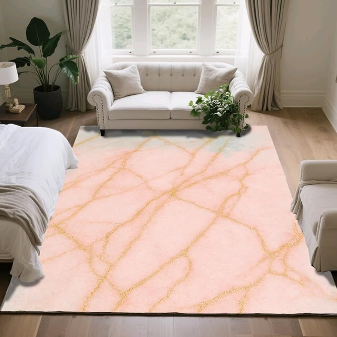 Abstract Marble Rug - 4x5 Rug, Modern Art Area Rugs, Luxury Marble Outdoor Rugs, Washable & Non Slip Carpet Home Decor