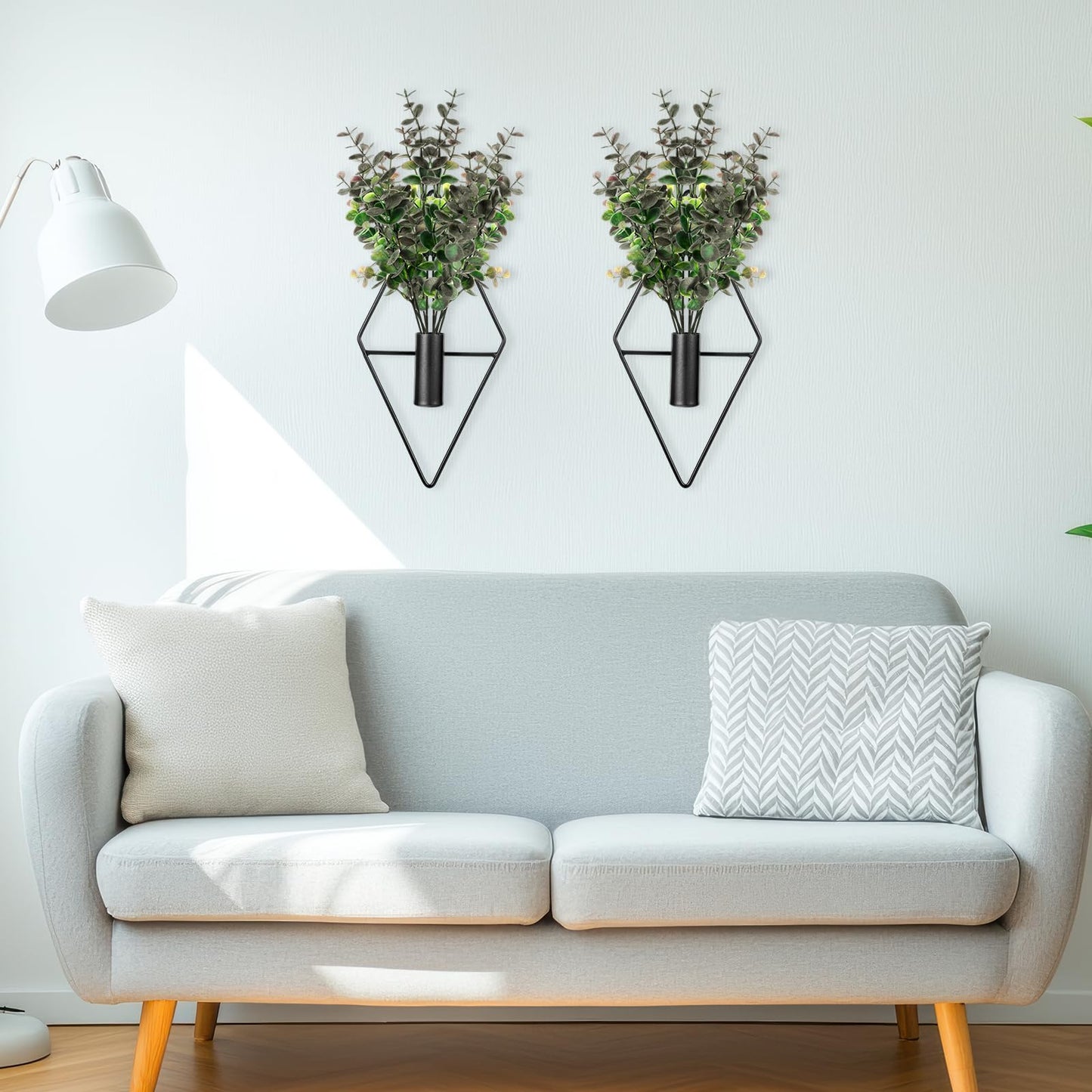 Jaarssho Wall Decor Hanging Planters with Artificial Plants, Modern Metal Wall Planter Set with Greenery Eucalyptus, Geometric Fake Plants for Black Decor Living Room Aesthetic (4 Pcs)