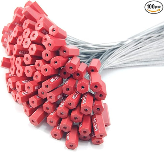 Steel Security Cable Seals Metal Numbered Security Tags Tamper Proof Pull-Tite Container Trailer Seal Ties Straps (Red, Pack of 100pcs)