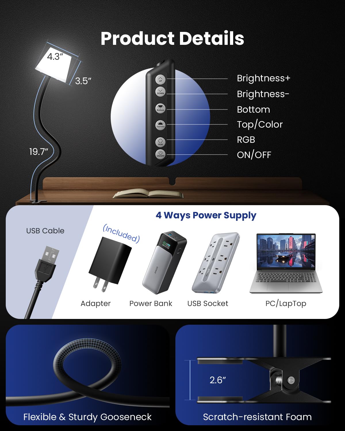 Rdzoko Clip on Light, Reading Light for Bed, RGB Lamp, Dimmable Desk Lamp with Clamp, College Dorm Room Essentials, Cute Bedside Night Light for Kids Headboard, Adapter Included Black